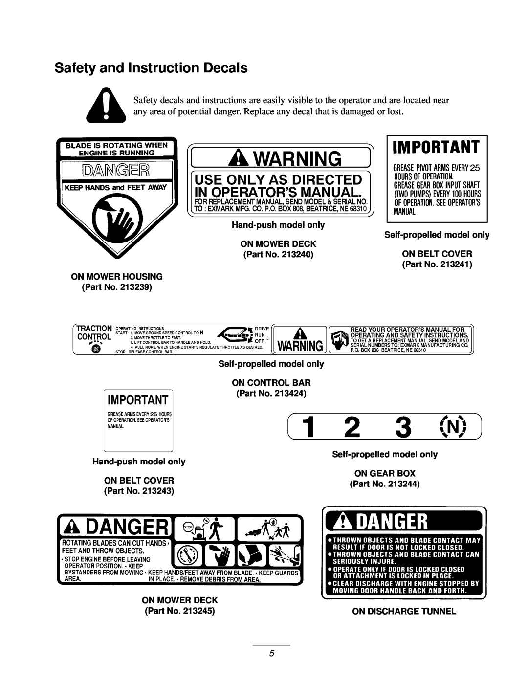 Exmark M217B, M217b, M217bsp manual Safety and Instruction Decals 
