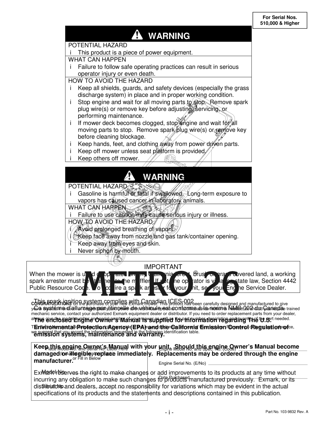 Exmark Metro 21, Metro 26 manual Potential Hazard 