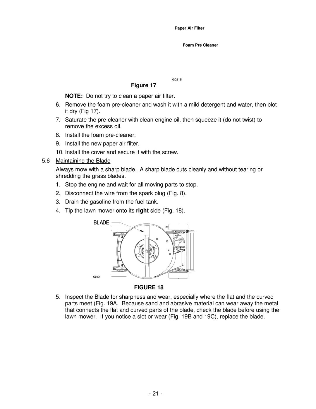 Exmark Metro 21, Metro 26 manual Paper Air Filter Foam Pre Cleaner 