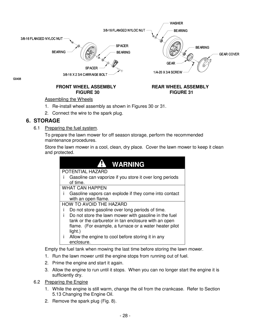 Exmark Metro 21, Metro 26 manual Storage, Front Wheel Assembly Rear Wheel Assembly 