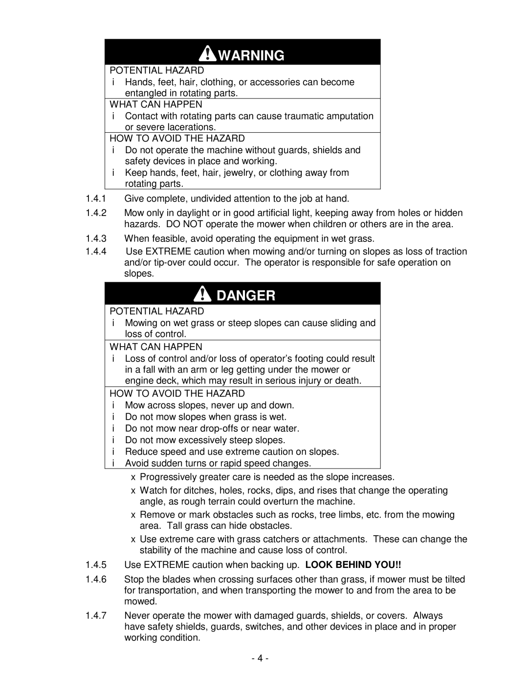 Exmark Metro 21, Metro 26 manual Potential Hazard 