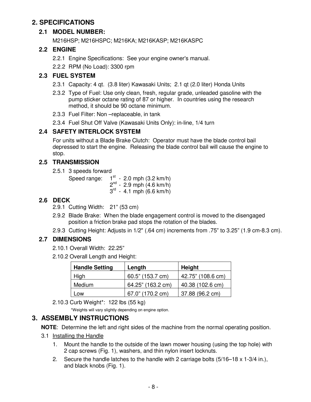 Exmark Metro 21 Series manual Specifications, Assembly Instructions 