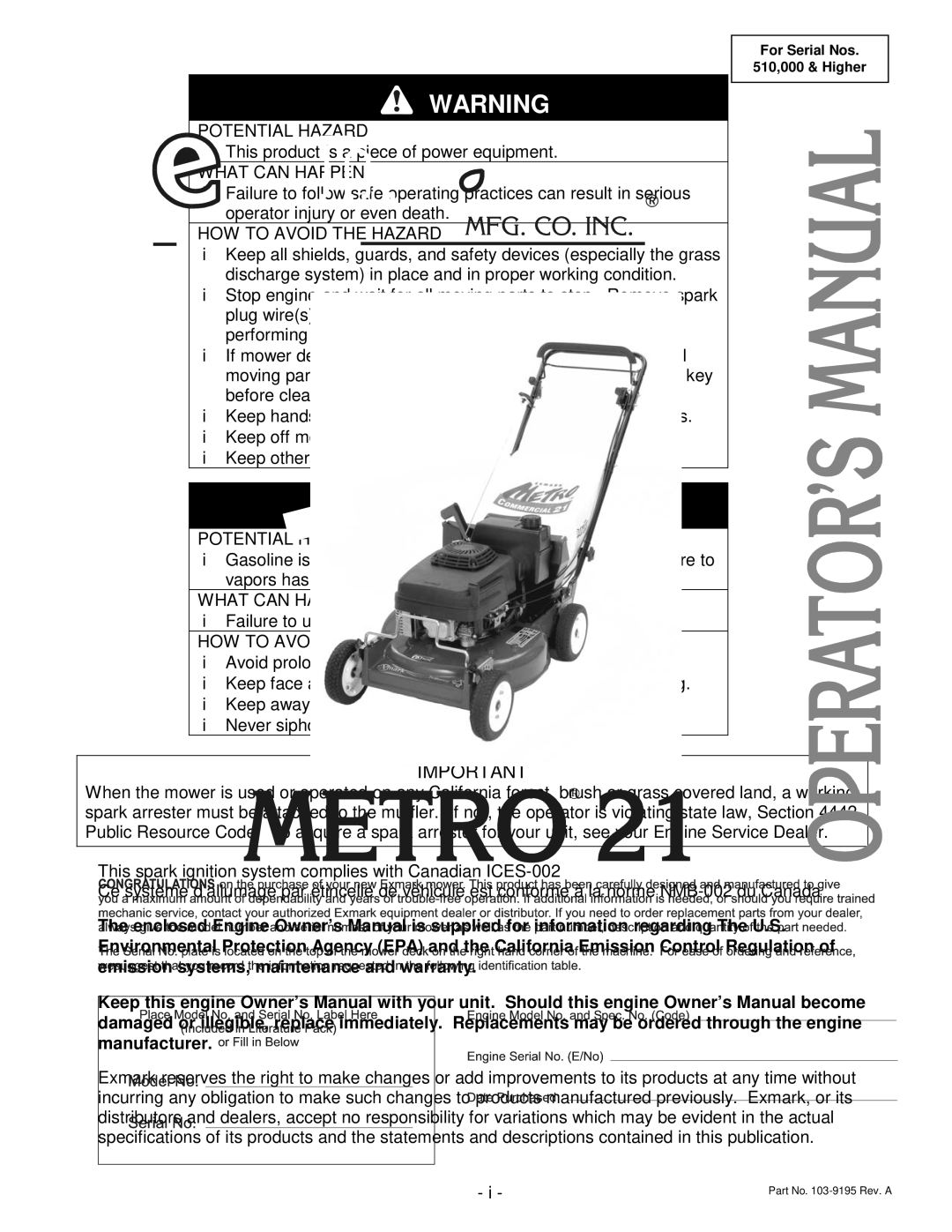 Exmark Metro 21 Series manual Potential Hazard 