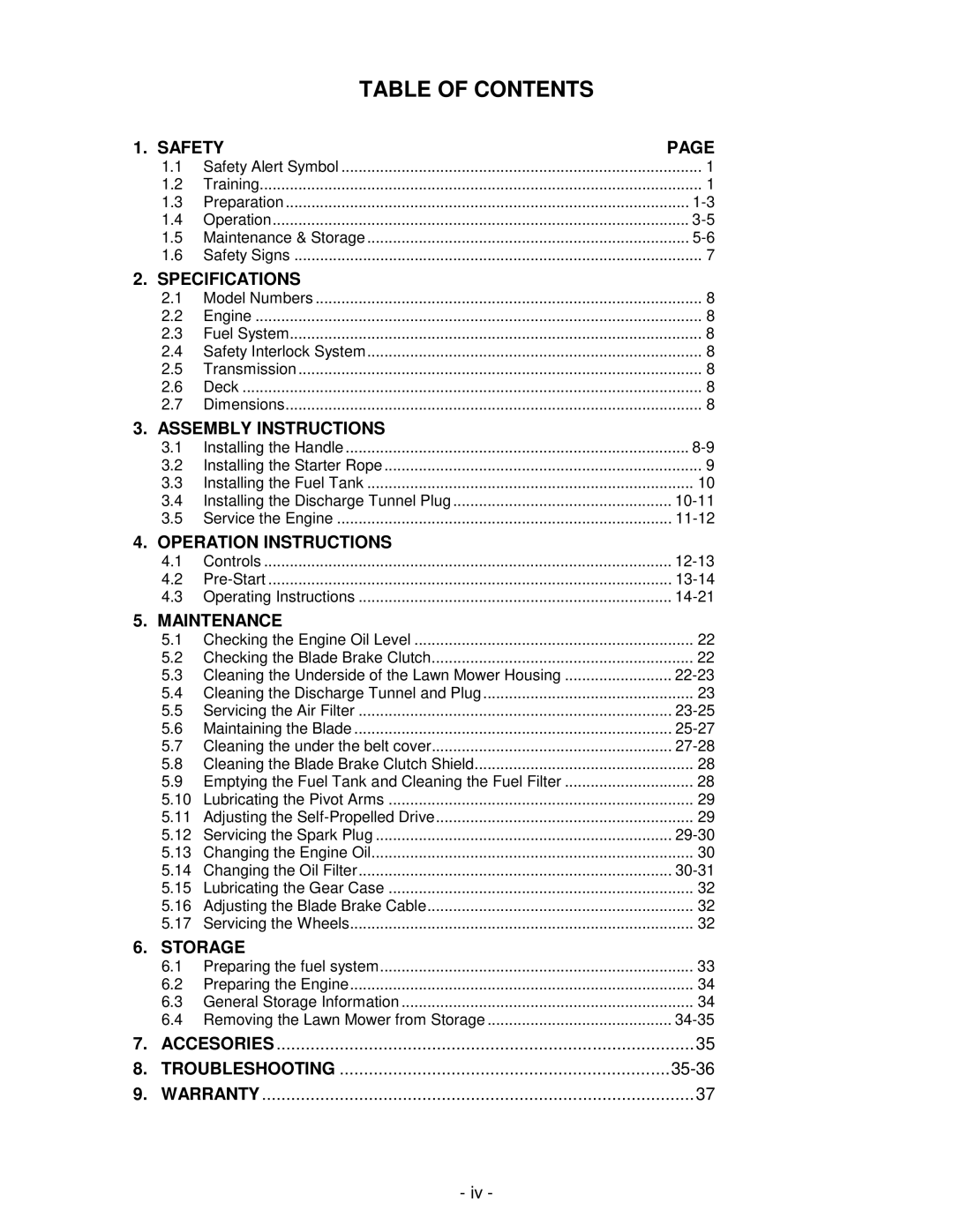 Exmark Metro 21 Series manual Table of Contents 