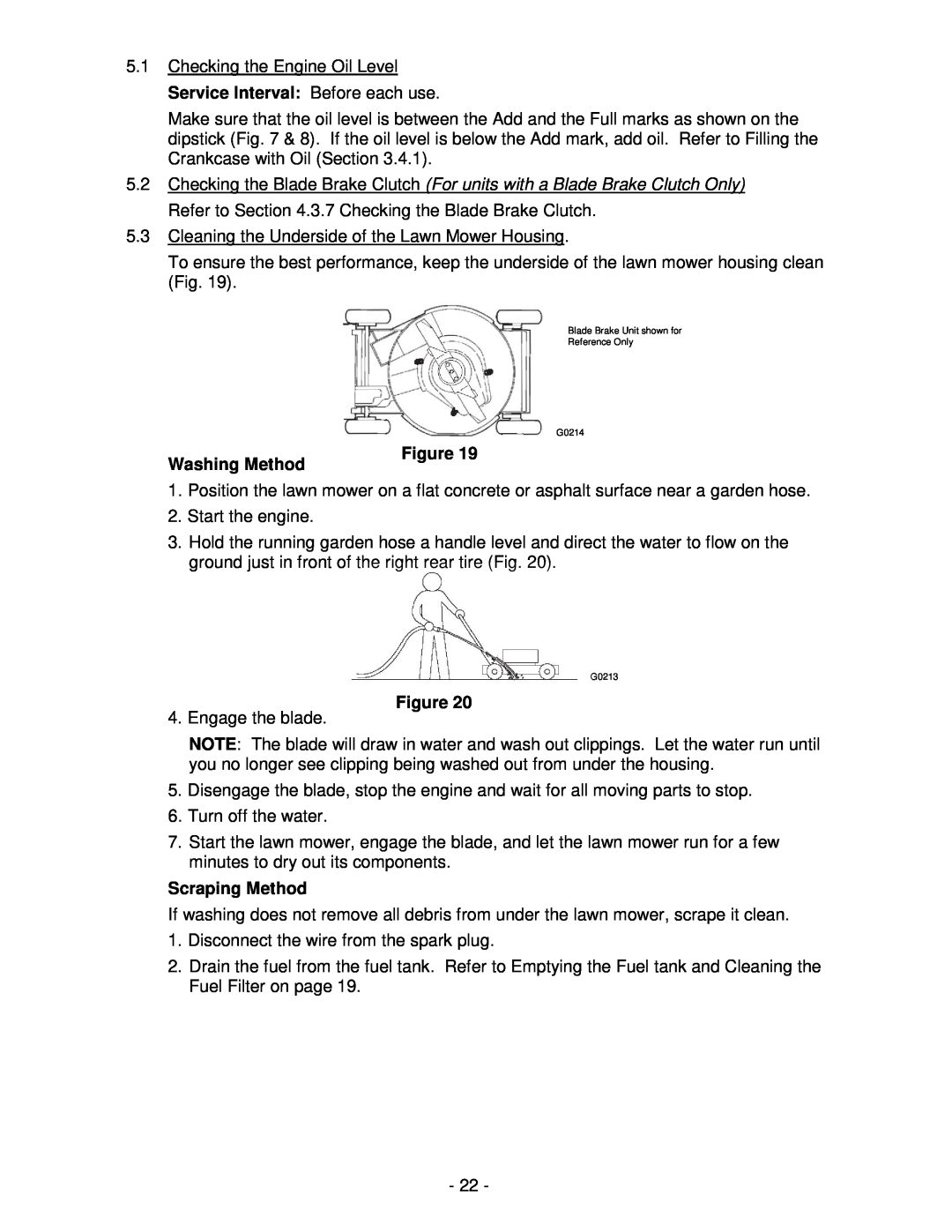 Exmark Metro 21 Series manual Washing Method, Scraping Method, Blade Brake Unit shown for Reference Only G0214, G0213 