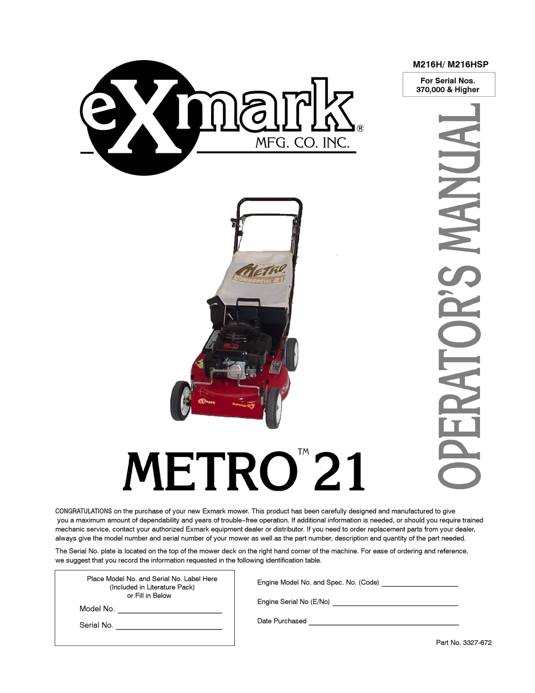 Exmark Metro 21 manual M216H/ M216HSP 