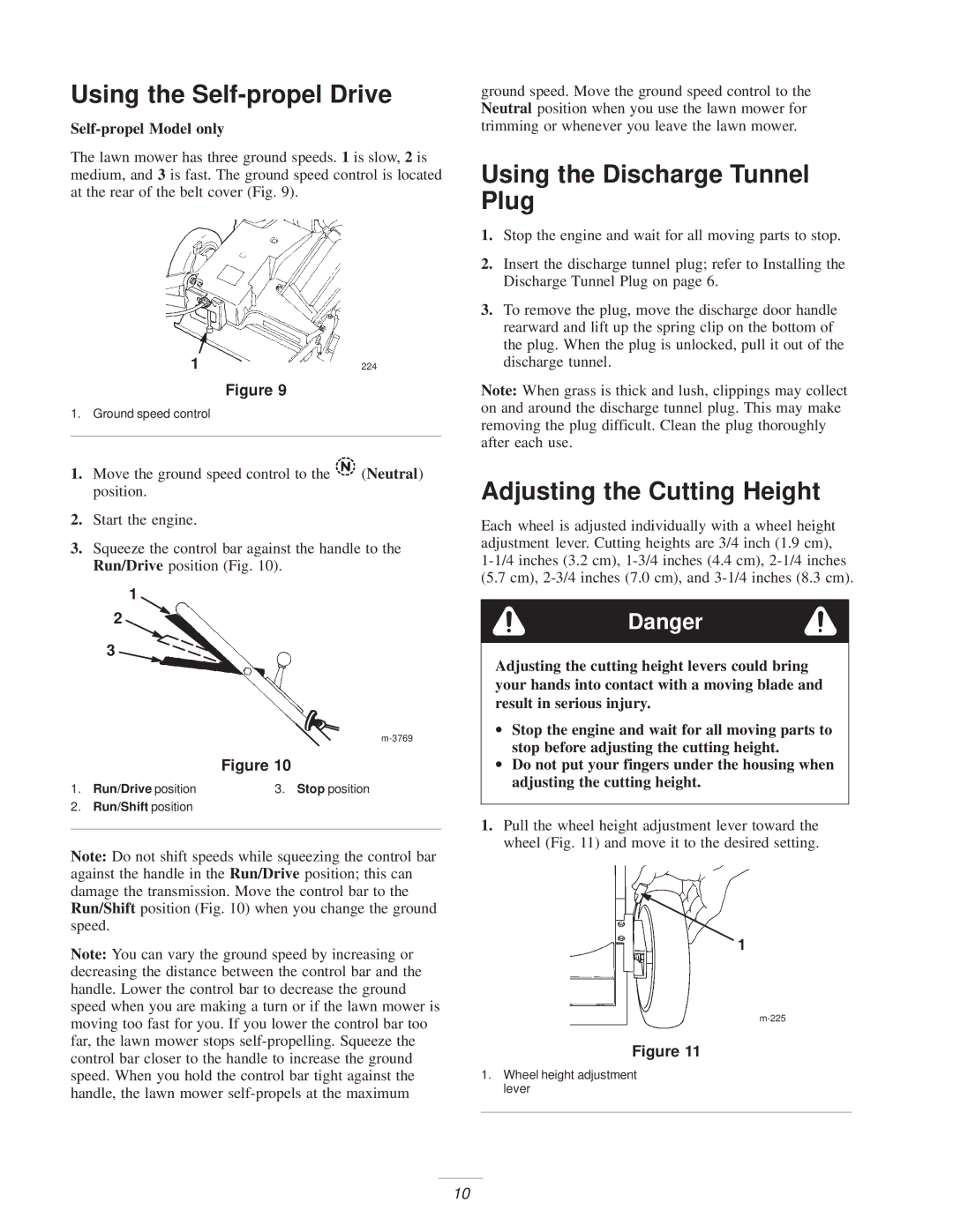 Exmark Metro 21 manual Using the Self-propel Drive, Using the Discharge Tunnel Plug, Adjusting the Cutting Height 