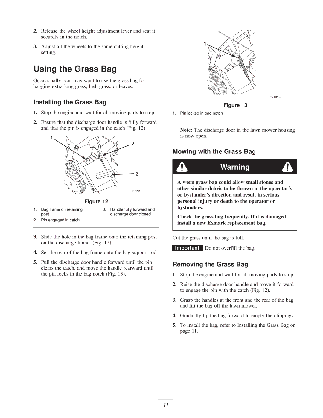 Exmark Metro 21 manual Using the Grass Bag, Installing the Grass Bag, Mowing with the Grass Bag, Removing the Grass Bag 