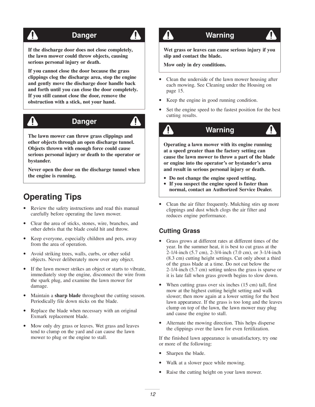 Exmark Metro 21 manual Operating Tips, Cutting Grass 