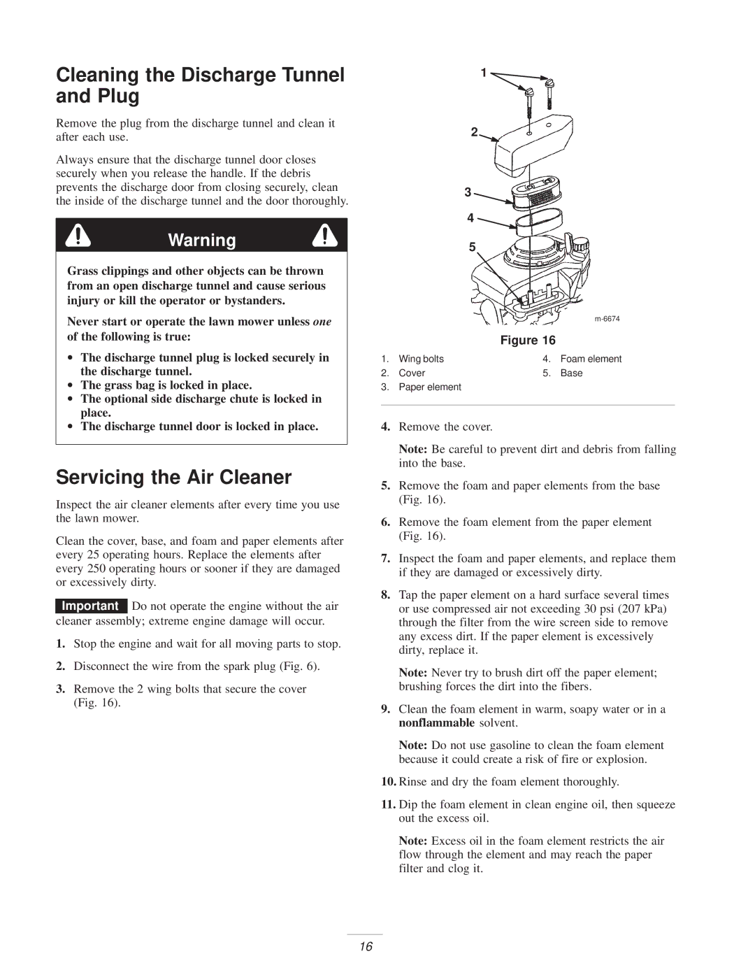 Exmark Metro 21 manual Cleaning the Discharge Tunnel and Plug, Servicing the Air Cleaner 