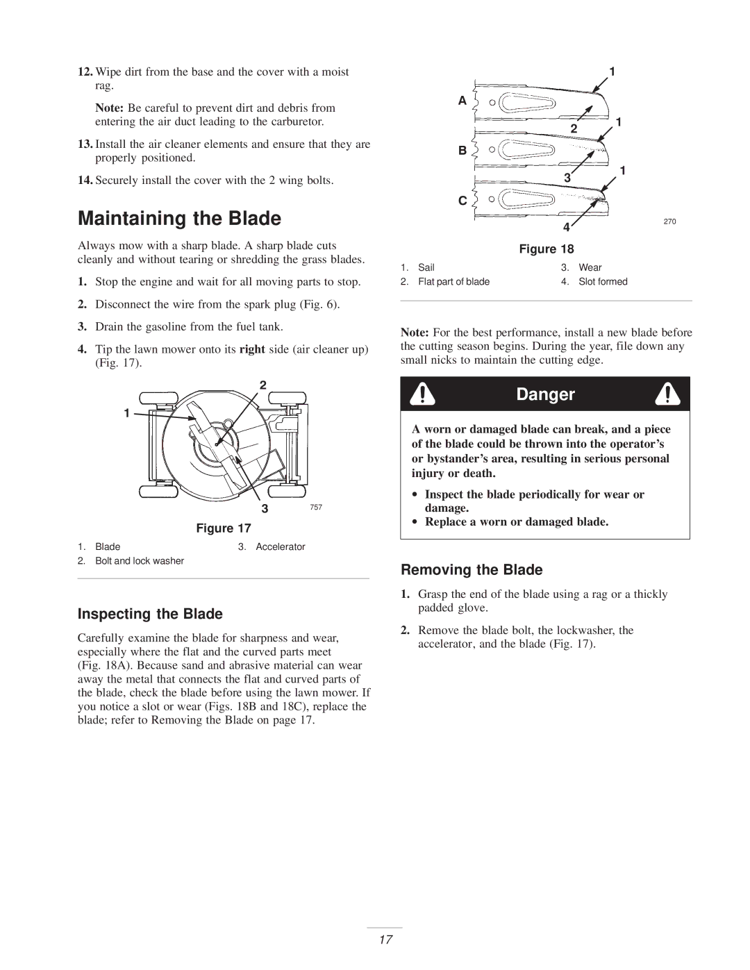 Exmark Metro 21 manual Maintaining the Blade, Inspecting the Blade, Removing the Blade 