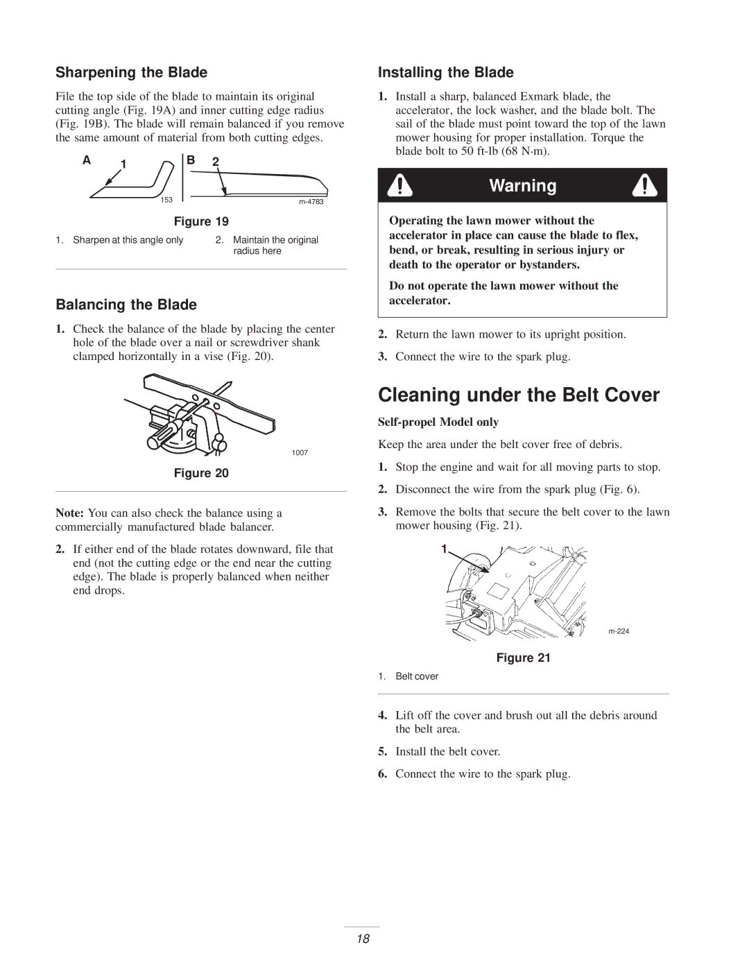 Exmark Metro 21 manual Cleaning under the Belt Cover, Sharpening the Blade, Balancing the Blade, Installing the Blade 