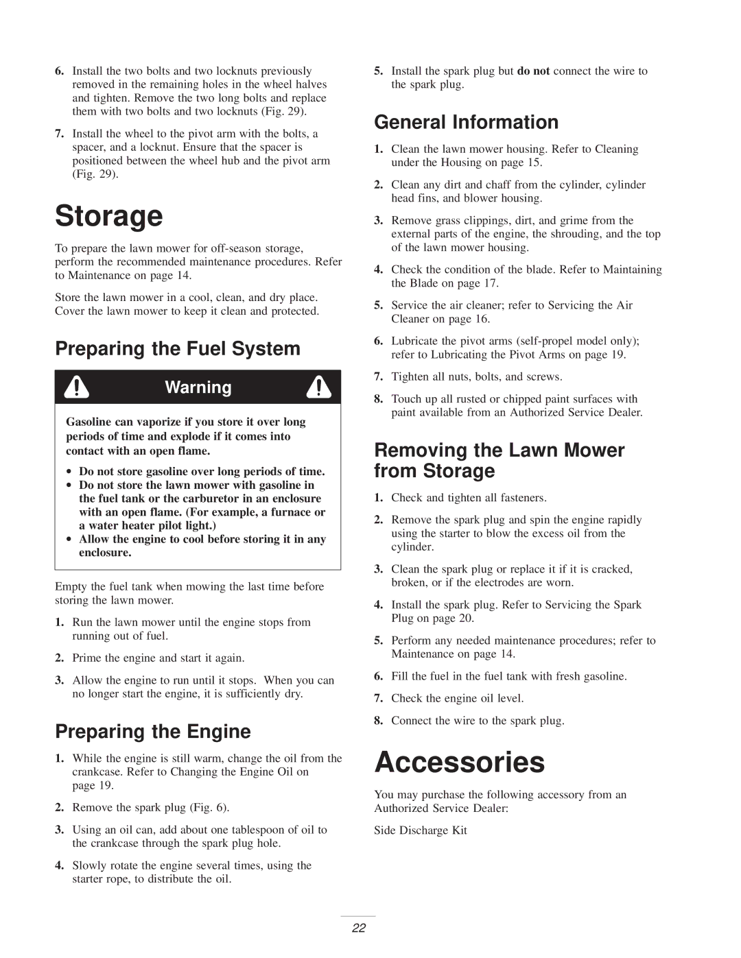 Exmark Metro 21 manual Storage, Accessories 