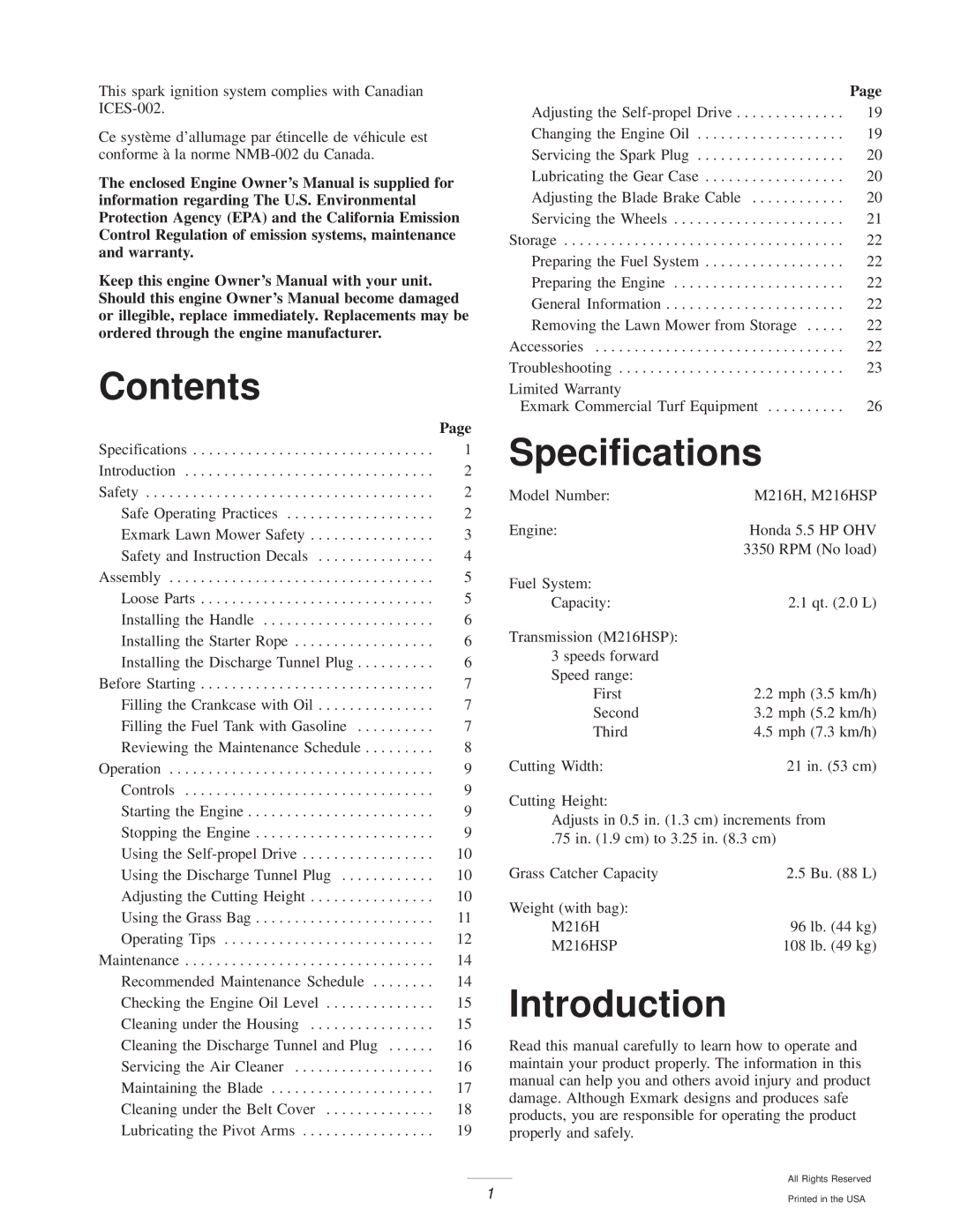 Exmark Metro 21 manual Contents, Specifications, Introduction 