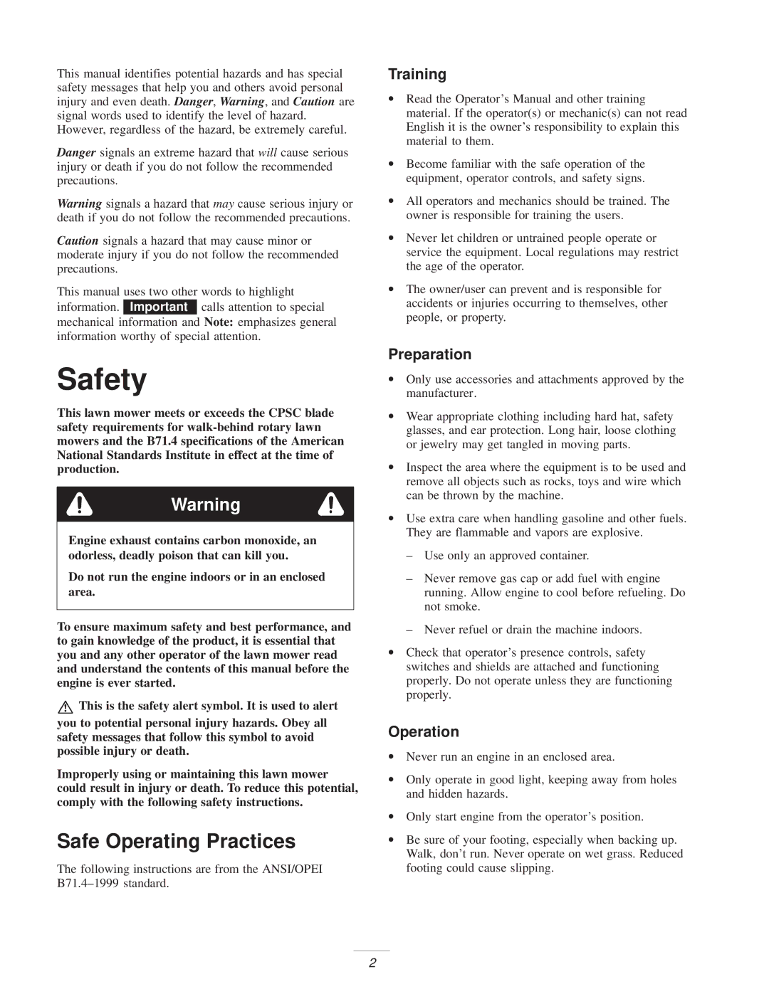 Exmark Metro 21 manual Safety, Safe Operating Practices, Training, Preparation, Operation 