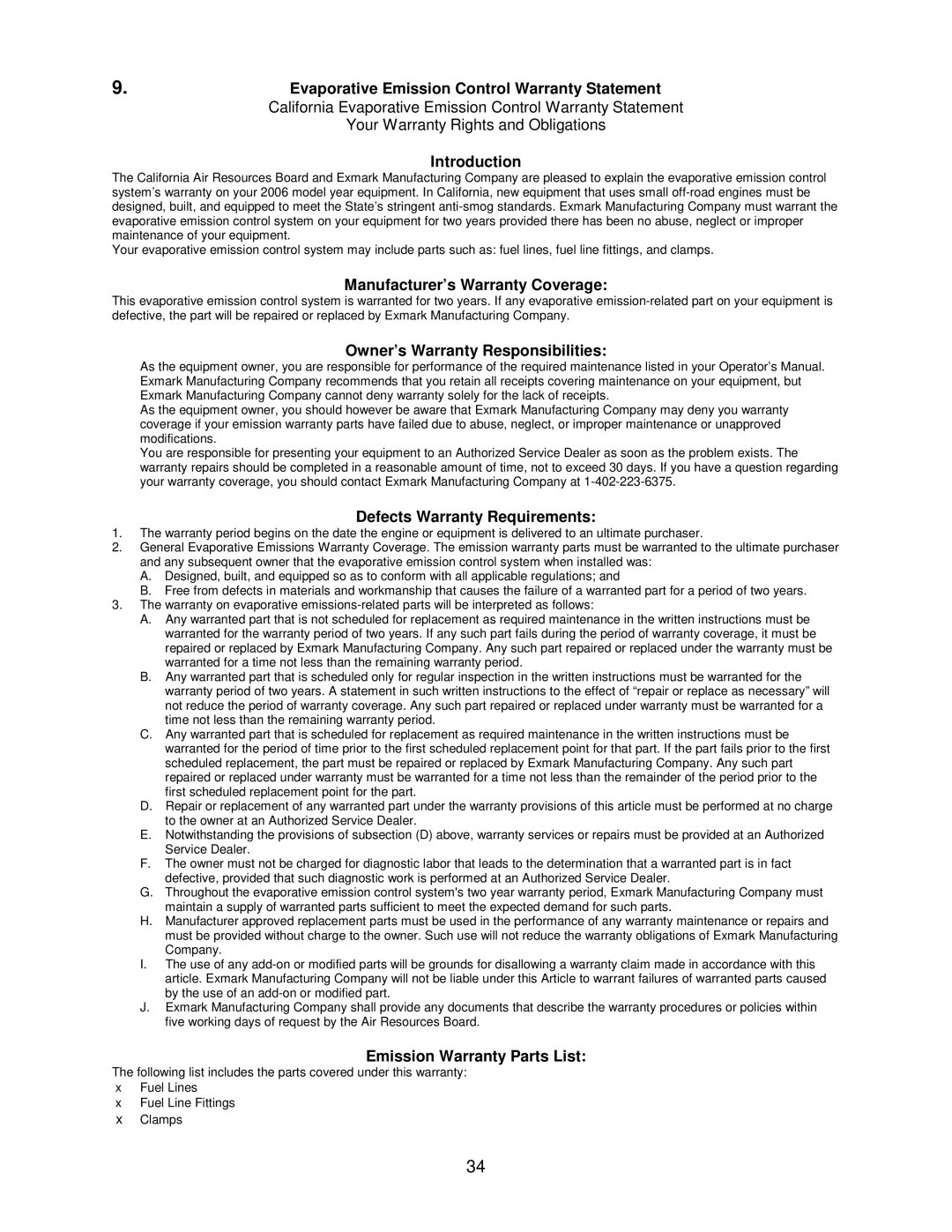 Exmark Metro 26 manual Evaporative Emission Control Warranty Statement 