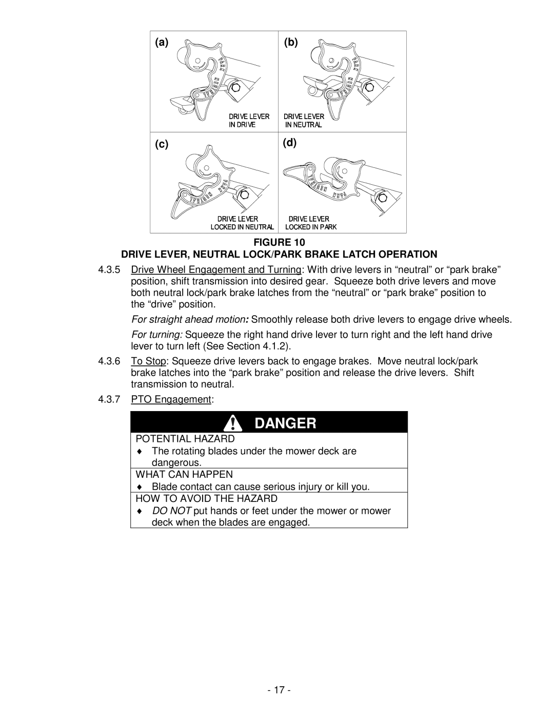 Exmark Metro HP manual Drive LEVER, Neutral LOCK/PARK Brake Latch Operation 