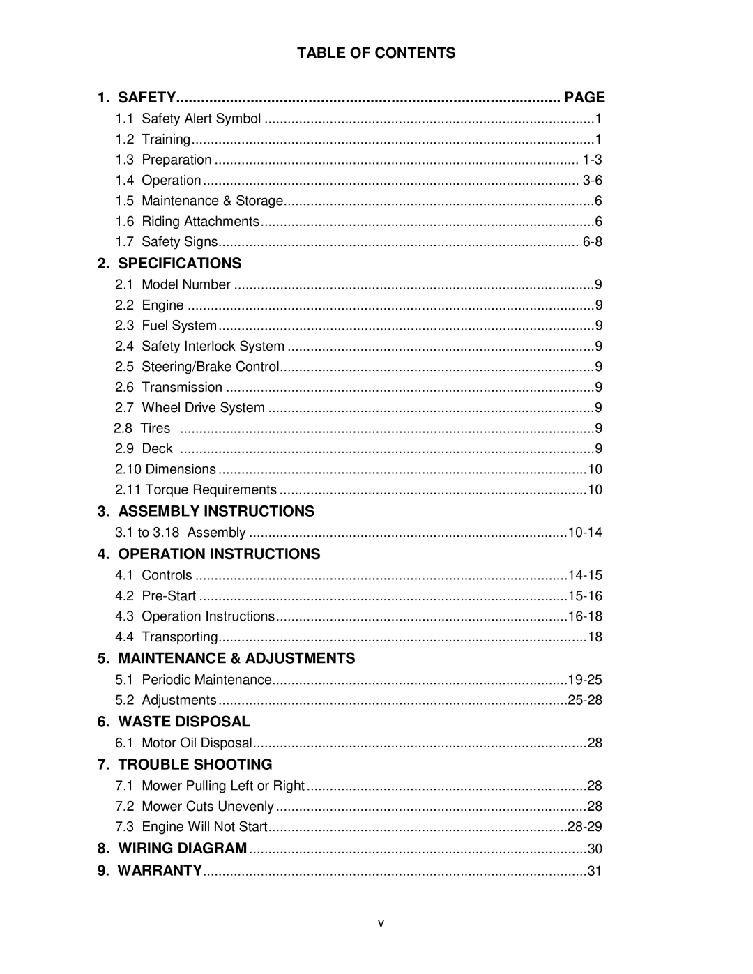 Exmark Metro HP Table of Contents Safety, Specifications, Assembly Instructions, Operation Instructions, Waste Disposal 