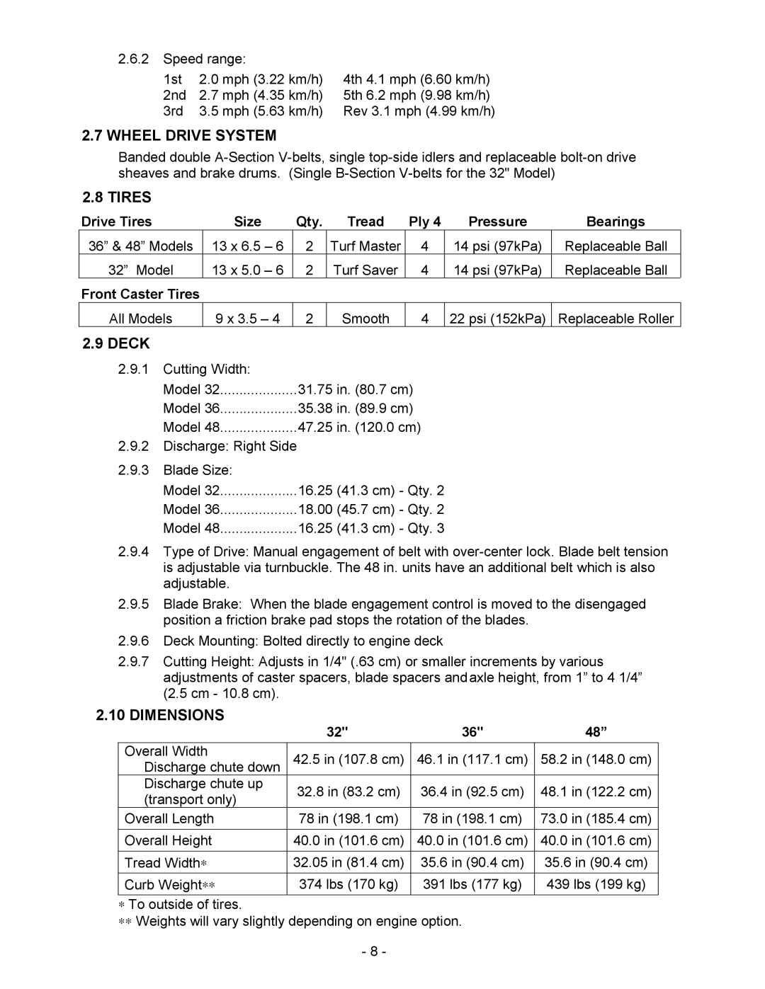 Exmark Metro manual Wheel Drive System, Tires, Dimensions 