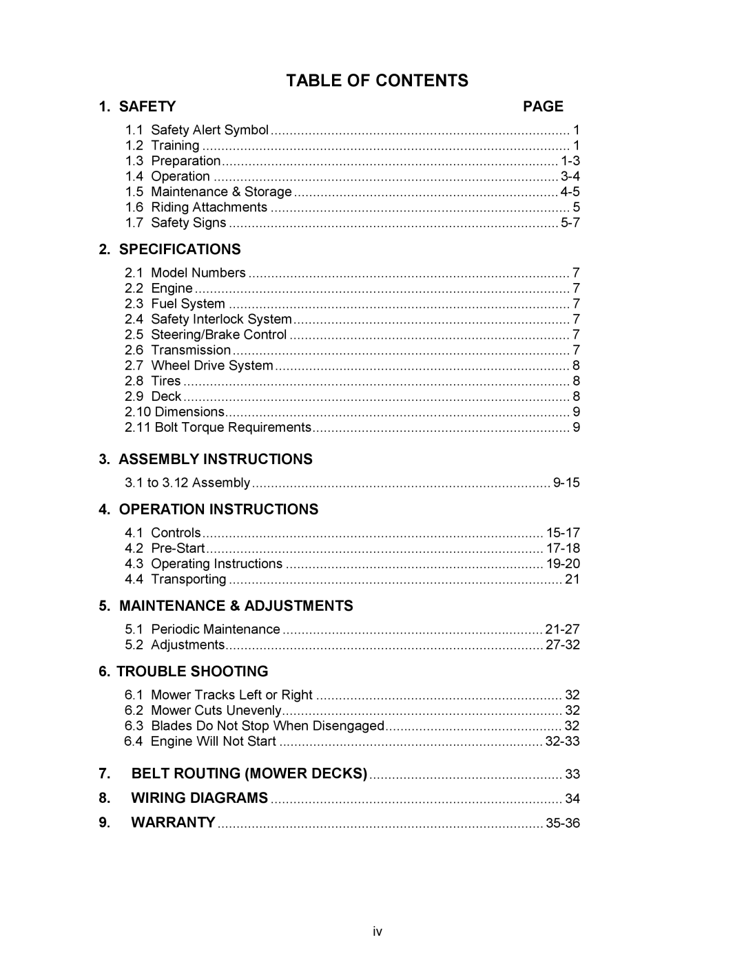 Exmark Metro manual Table of Contents 