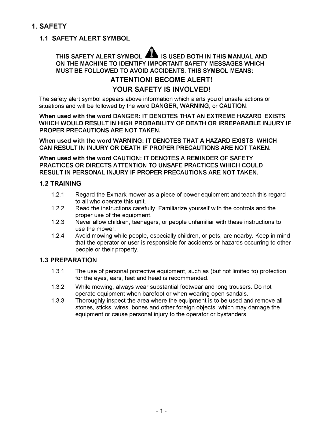 Exmark Metro manual Your Safety is Involved, Safety Alert Symbol, Training, Preparation 