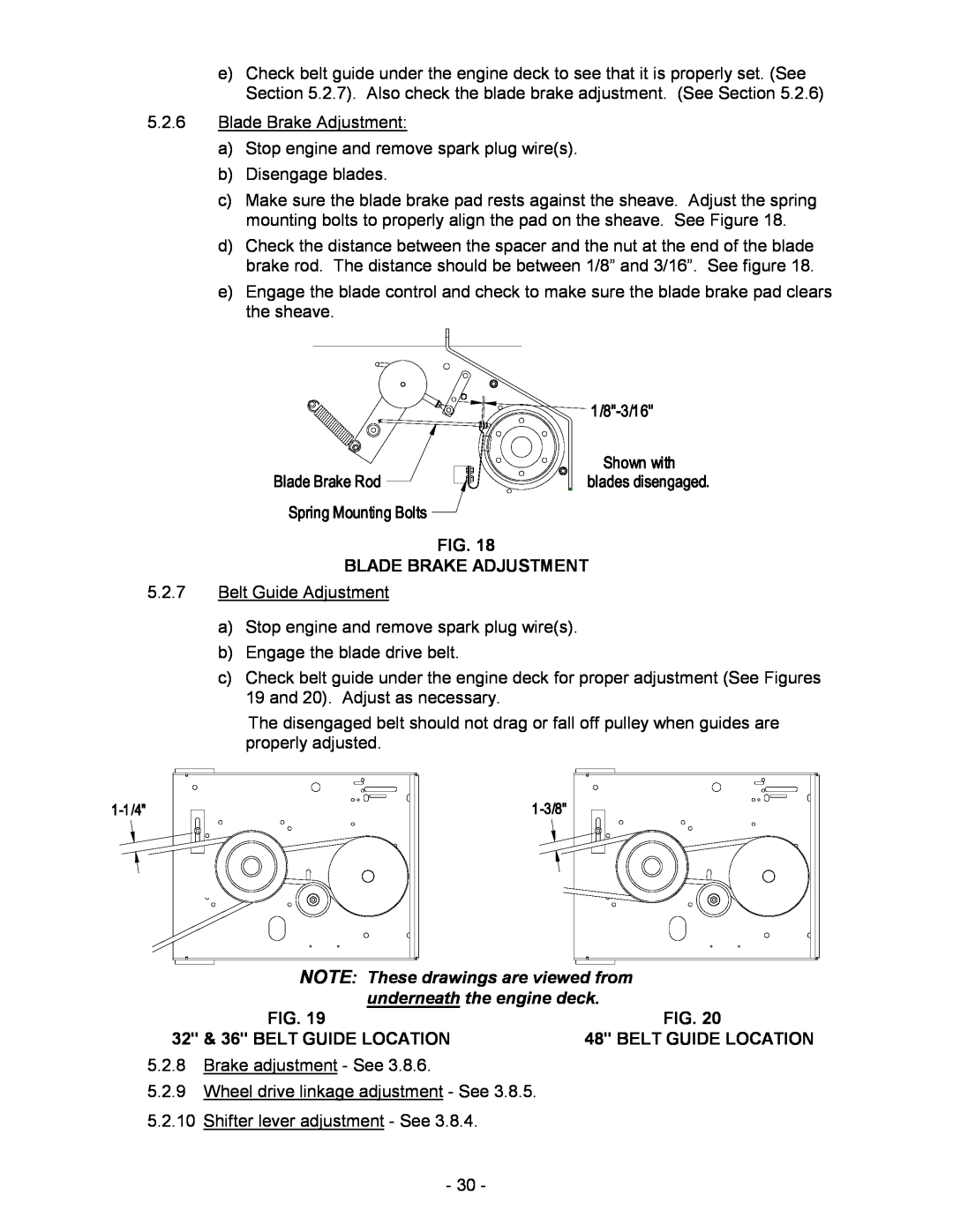 Exmark Metro manual Blade Brake Adjustment, NOTE These drawings are viewed from underneath the engine deck 