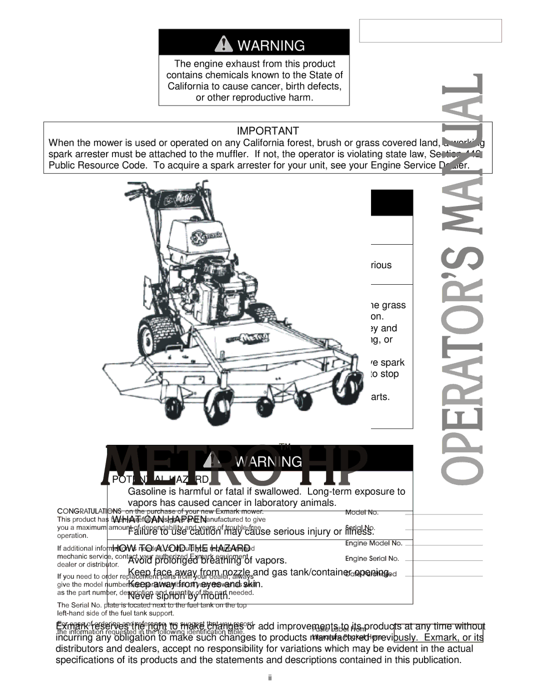 Exmark MHP3615KA, MHP3614KA, MHP3615KC, MHP4816BV, MHP4815KC manual Potential Hazard 