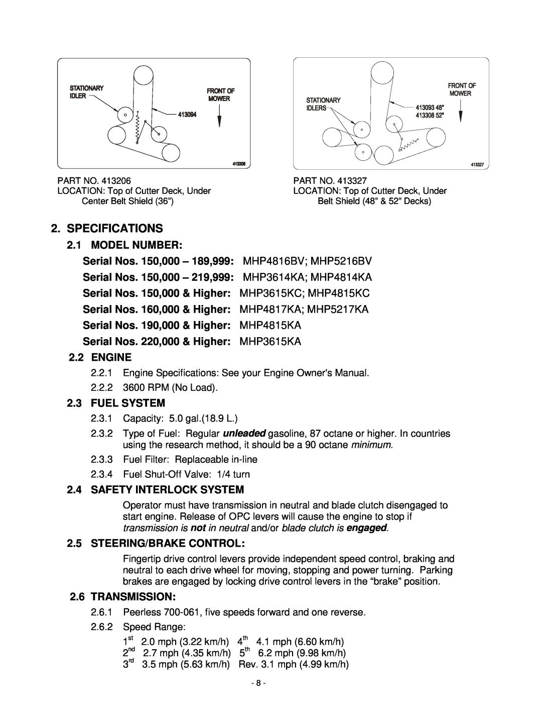 Exmark MHP3615KC, MHP3614KA, MHP3615KA, MHP4816BV, MHP4815KC manual Specifications 
