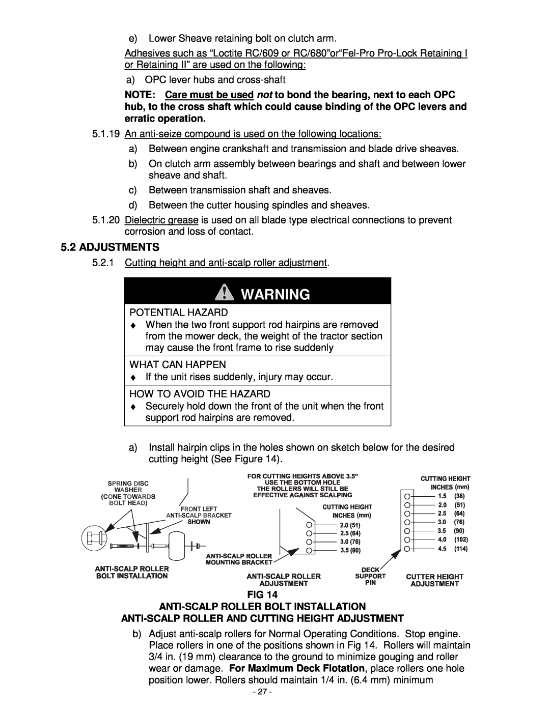 Exmark MHP3615KA manual Adjustments, Anti-Scalp Roller Bolt Installation, Anti-Scalp Roller And Cutting Height Adjustment 