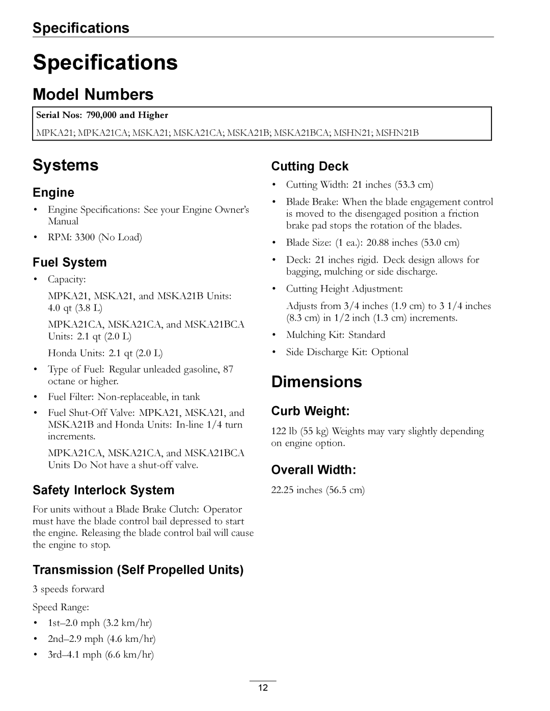 Exmark MPKA21 manual Specifications, Model Numbers, Systems, Dimensions 