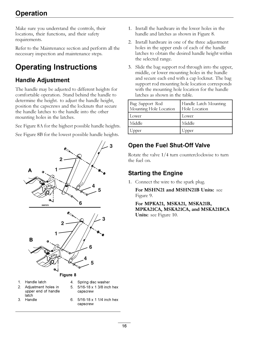 Exmark MPKA21 manual Operating Instructions, Handle Adjustment, Open the Fuel Shut-Off Valve, Starting the Engine 