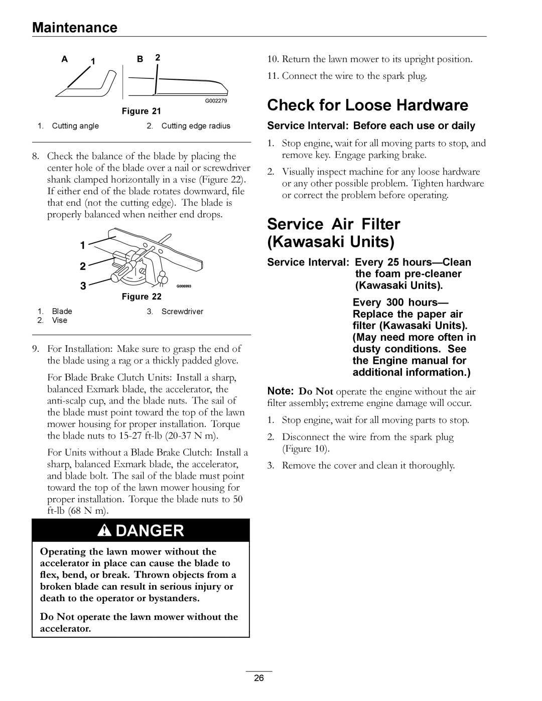 Exmark MPKA21 manual Check for Loose Hardware, Service Air Filter Kawasaki Units 