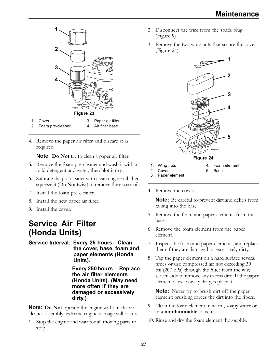 Exmark MPKA21 manual Service Air Filter Honda Units 