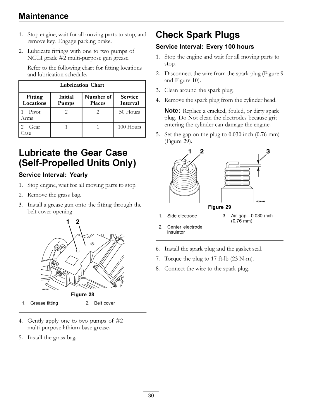 Exmark MPKA21 manual Lubricate the Gear Case Self-Propelled Units Only, Check Spark Plugs 