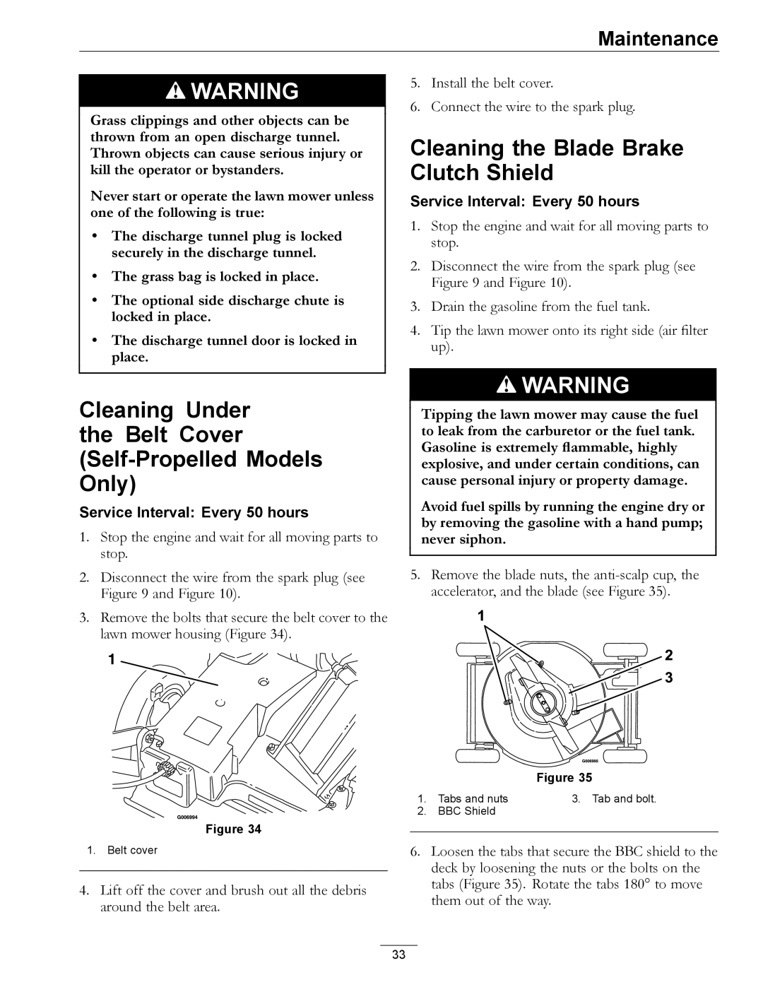 Exmark MPKA21 manual Cleaning Under Belt Cover Self-Propelled Models Only, Cleaning the Blade Brake Clutch Shield 