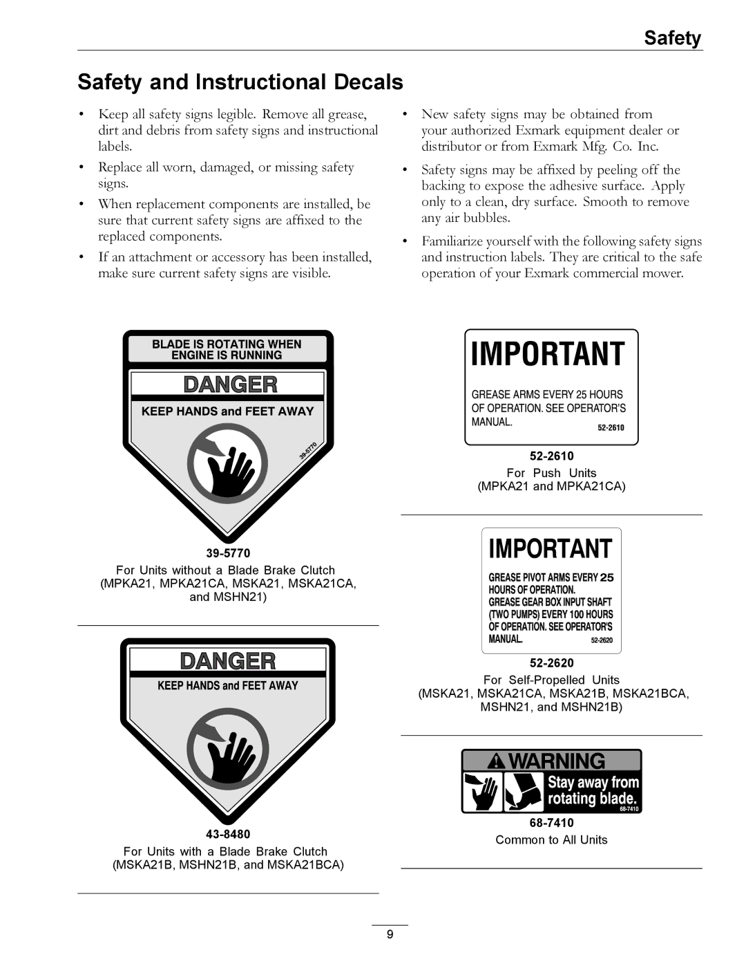 Exmark MPKA21 manual Safety and Instructional Decals 