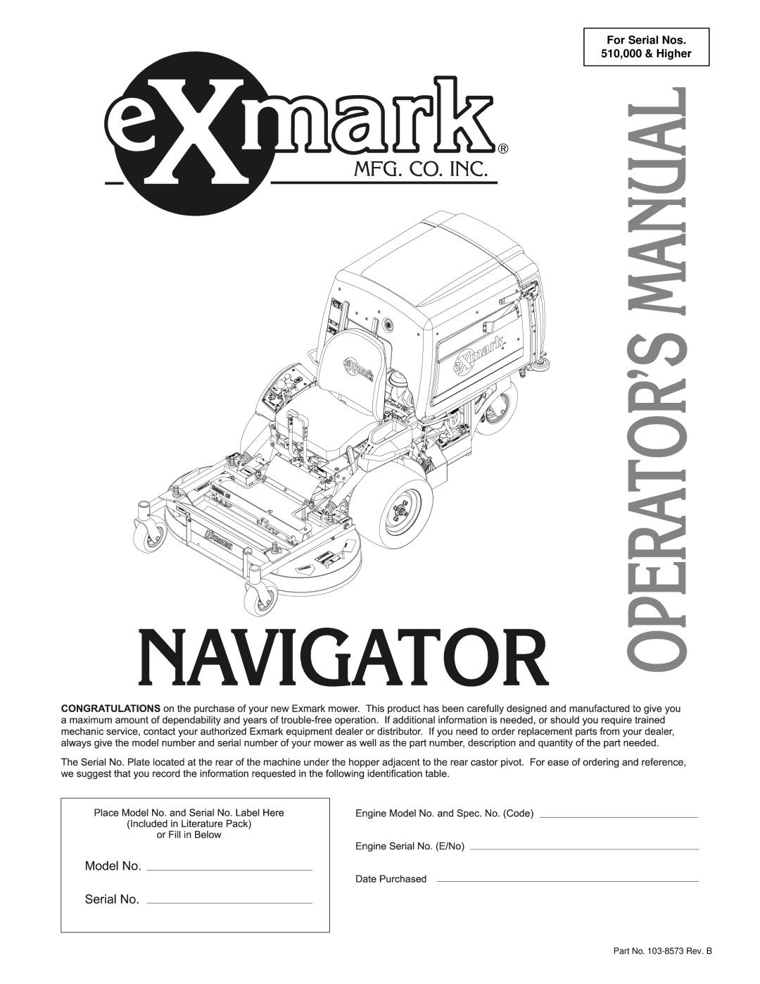 Exmark NAV27KC, NAV20KC manual For Serial Nos 510,000 & Higher 