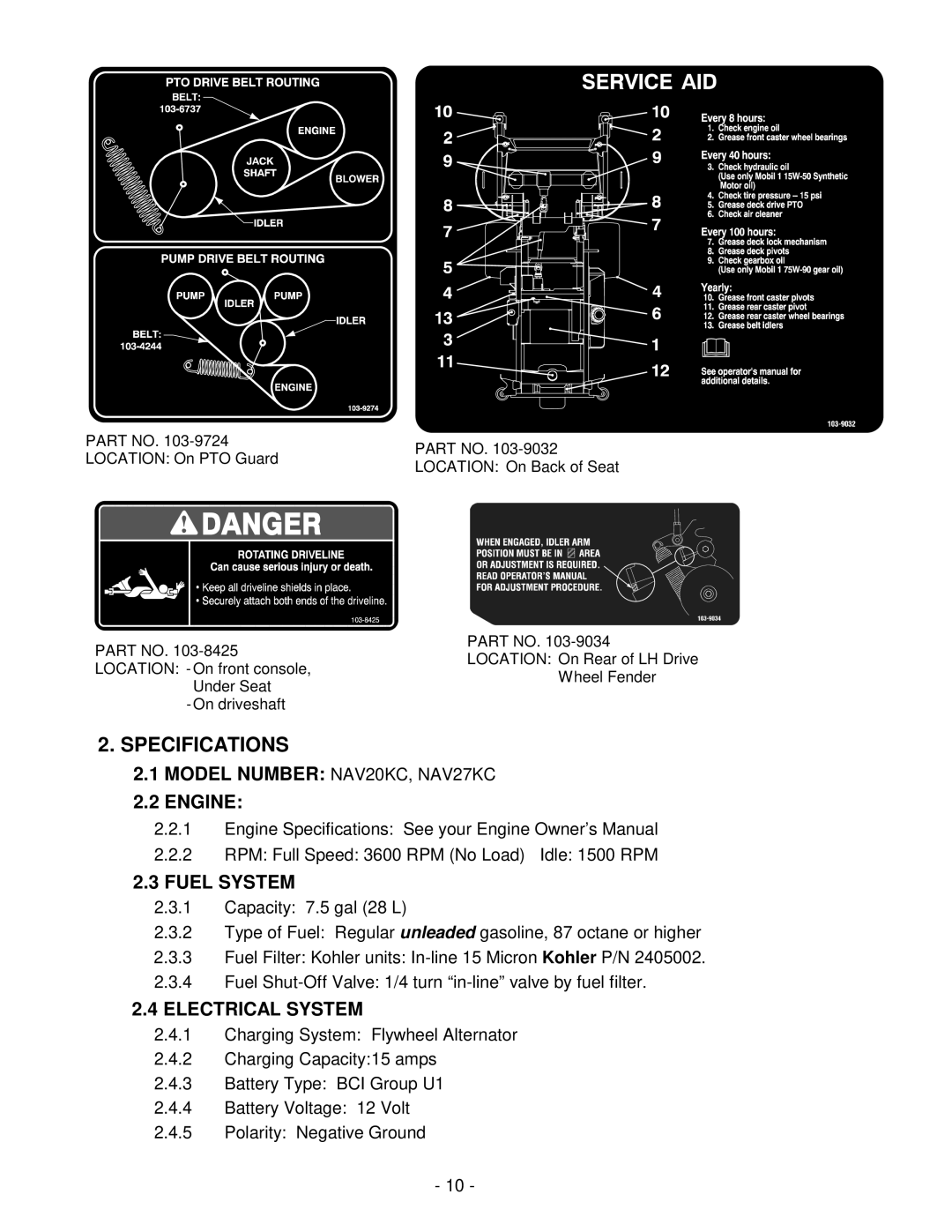 Exmark NAV27KC, NAV20KC manual Specifications, Engine, Fuel System, Electrical System 