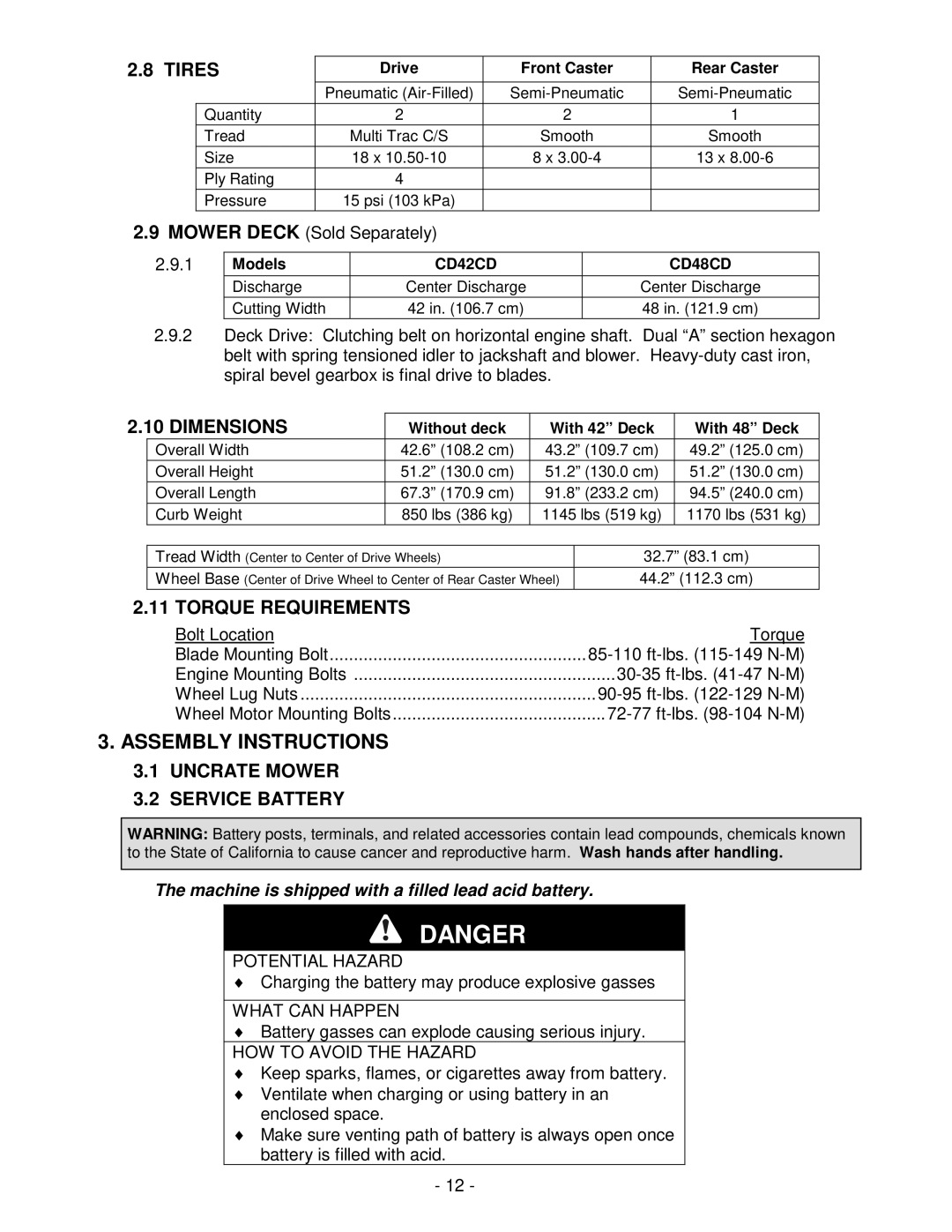 Exmark NAV27KC, NAV20KC manual Assembly Instructions, Tires, Dimensions, Torque Requirements, Uncrate Mower Service Battery 