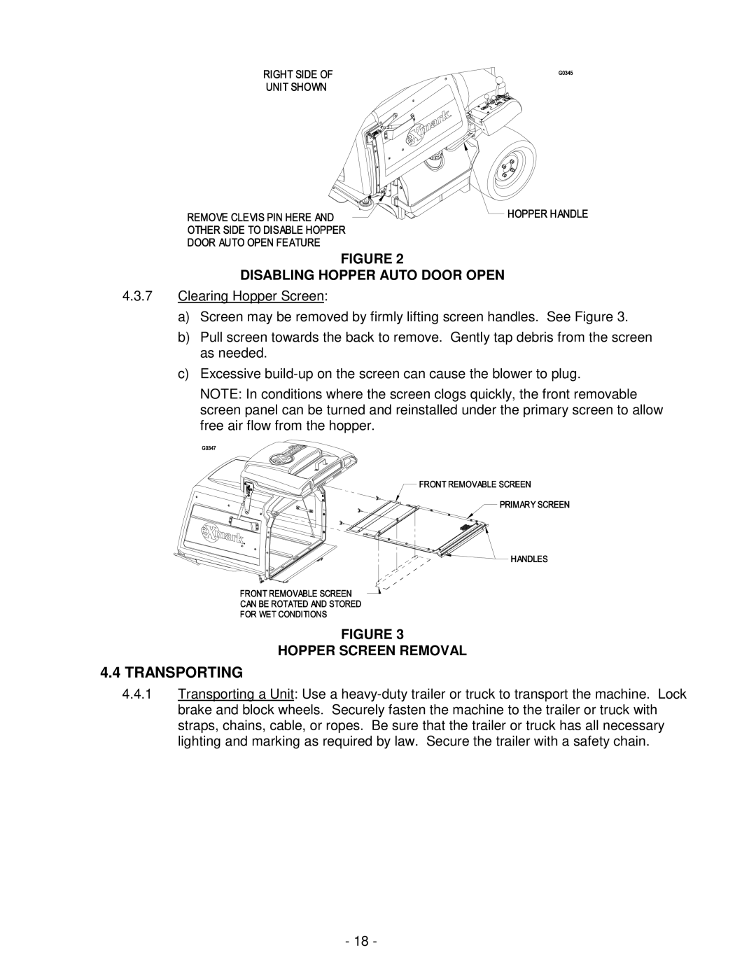 Exmark NAV27KC, NAV20KC manual Transporting, Disabling Hopper Auto Door Open, Hopper Screen Removal 