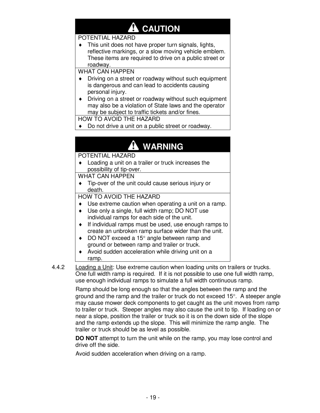 Exmark NAV20KC, NAV27KC manual Do not drive a unit on a public street or roadway 