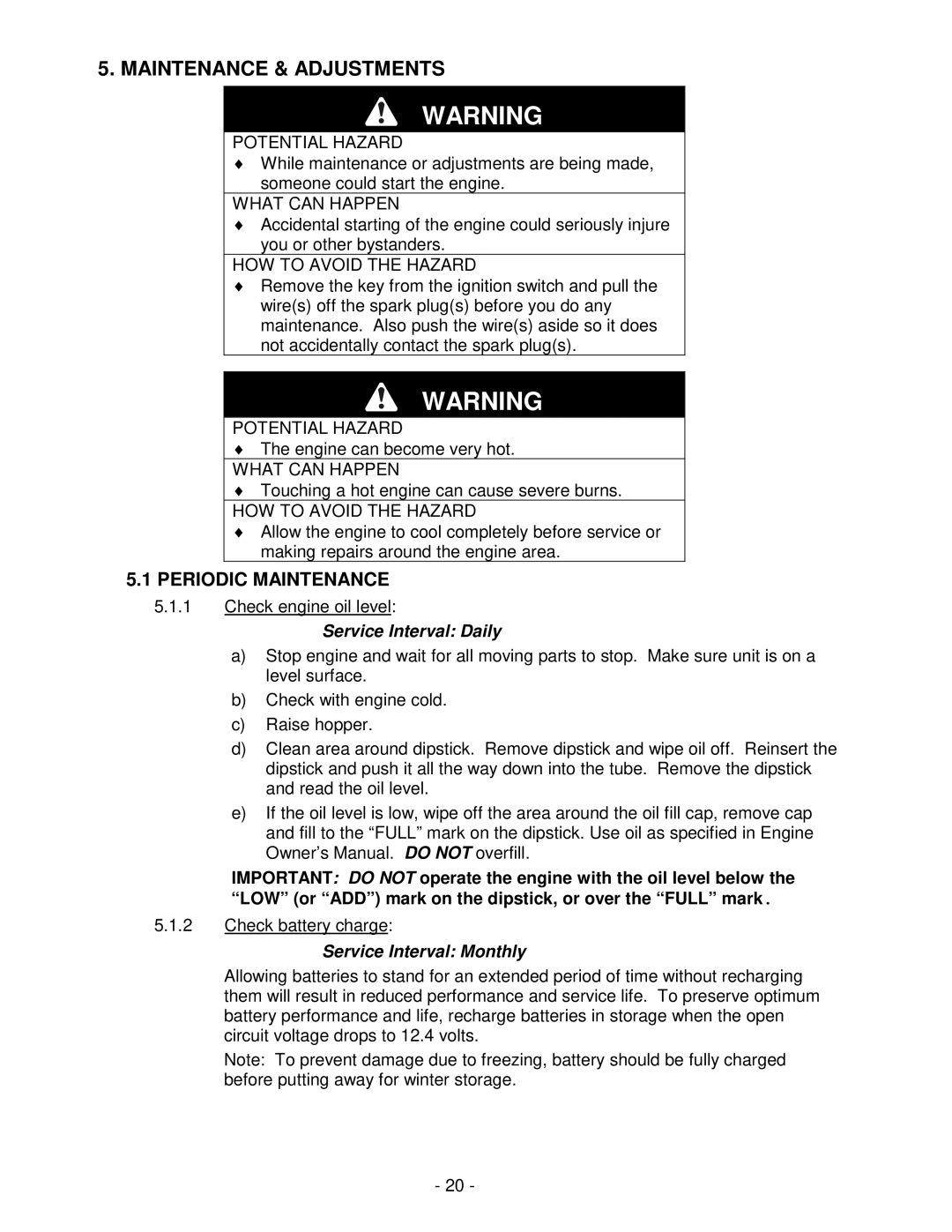 Exmark NAV27KC, NAV20KC Maintenance & Adjustments, Periodic Maintenance, Service Interval Daily, Service Interval Monthly 