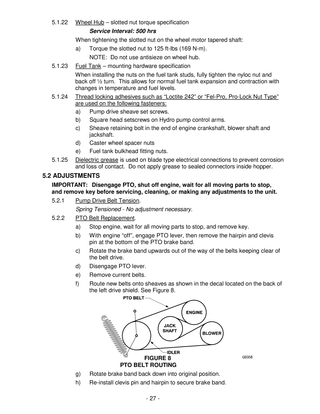 Exmark NAV20KC, NAV27KC manual Adjustments, Service Interval 500 hrs, PTO Belt Routing 