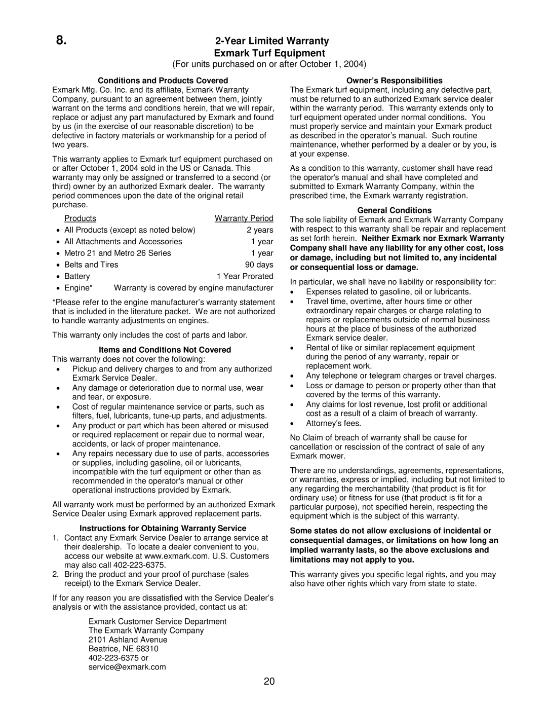 Exmark OCD01 manual Year Limited Warranty Exmark Turf Equipment 