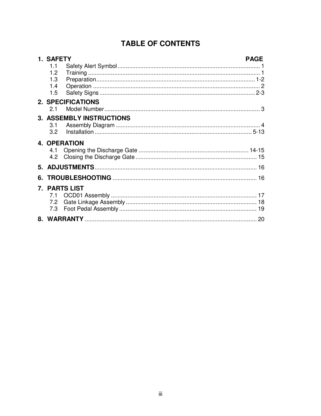 Exmark OCD01 manual Table of Contents 