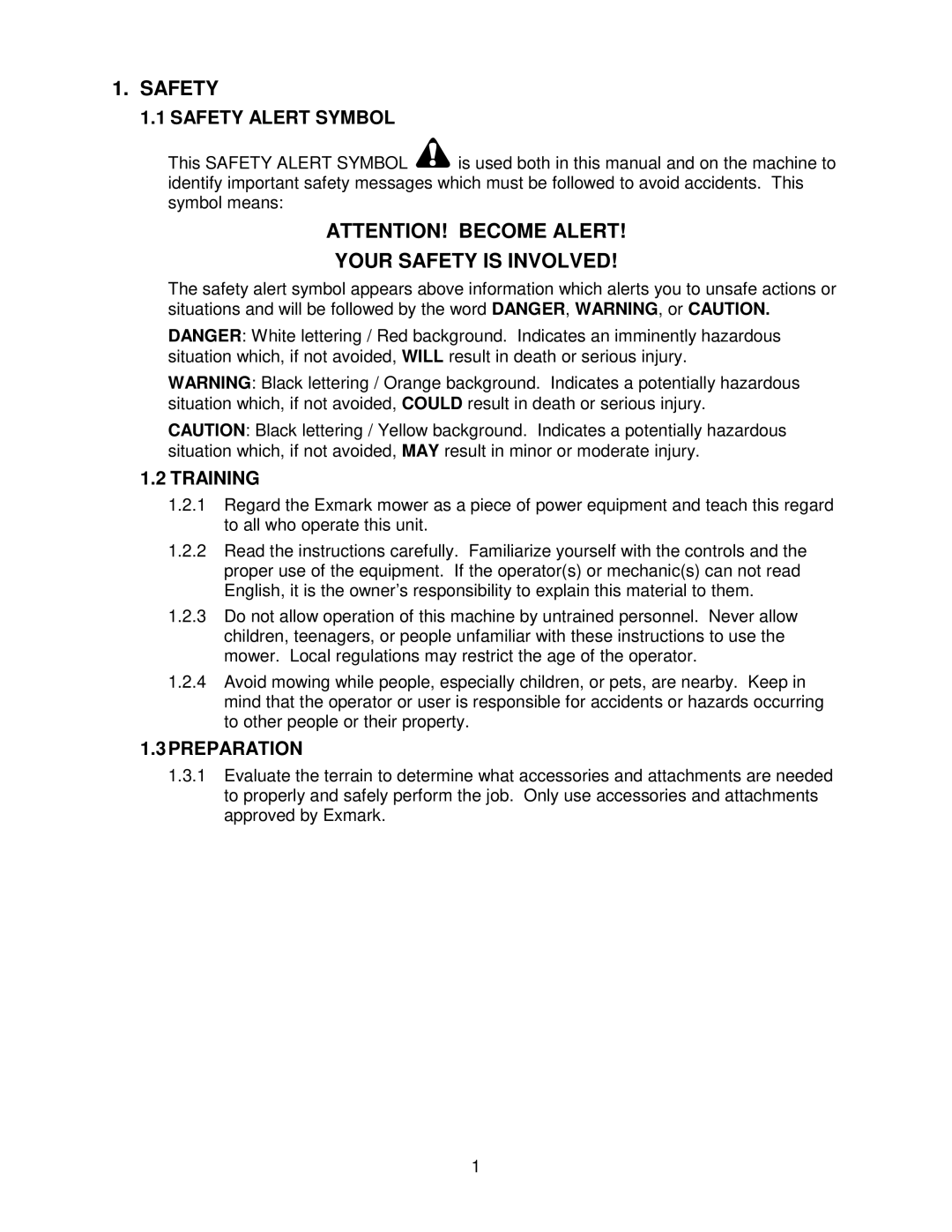 Exmark OCD01 manual Safety Alert Symbol, Training, Preparation 