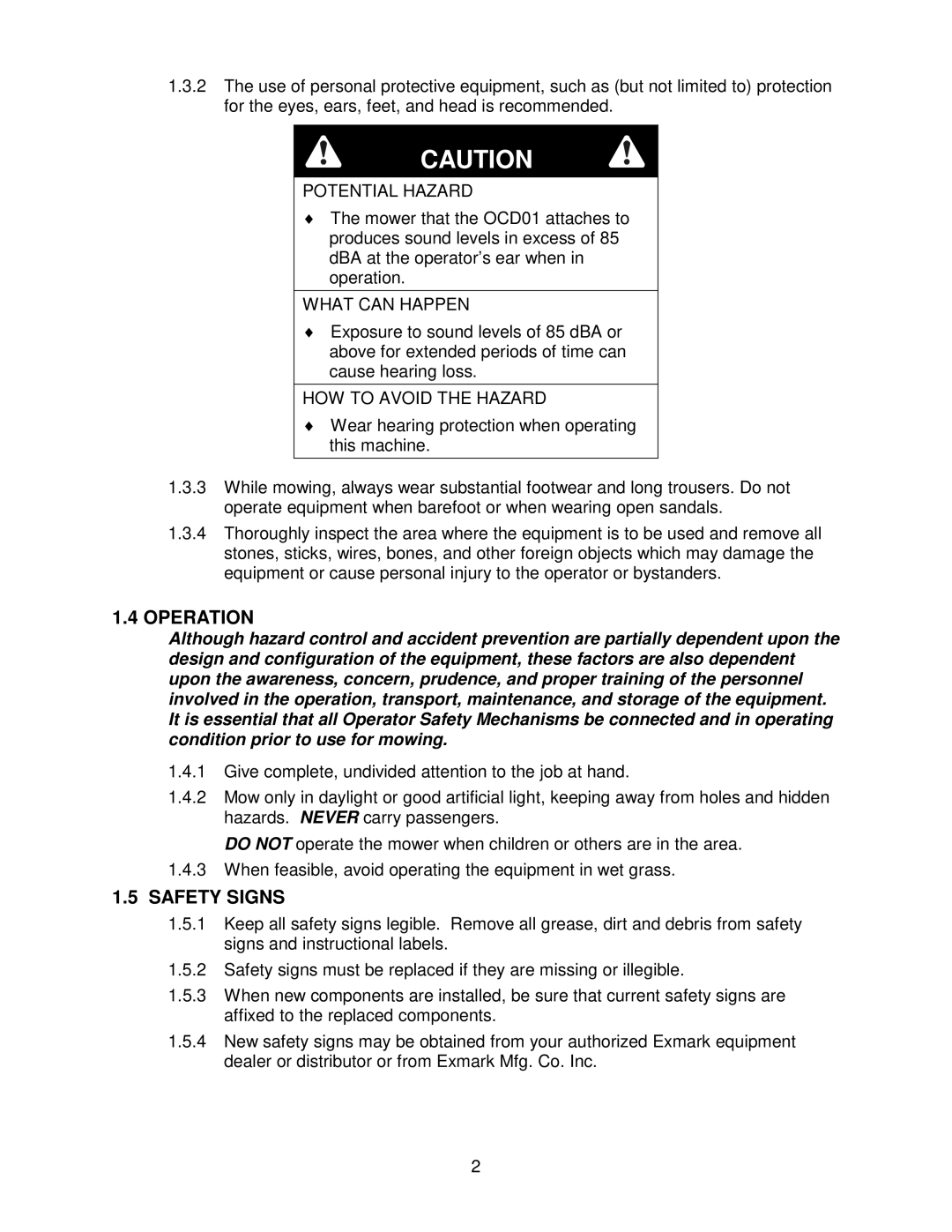 Exmark OCD01 manual Safety Signs, Potential Hazard 