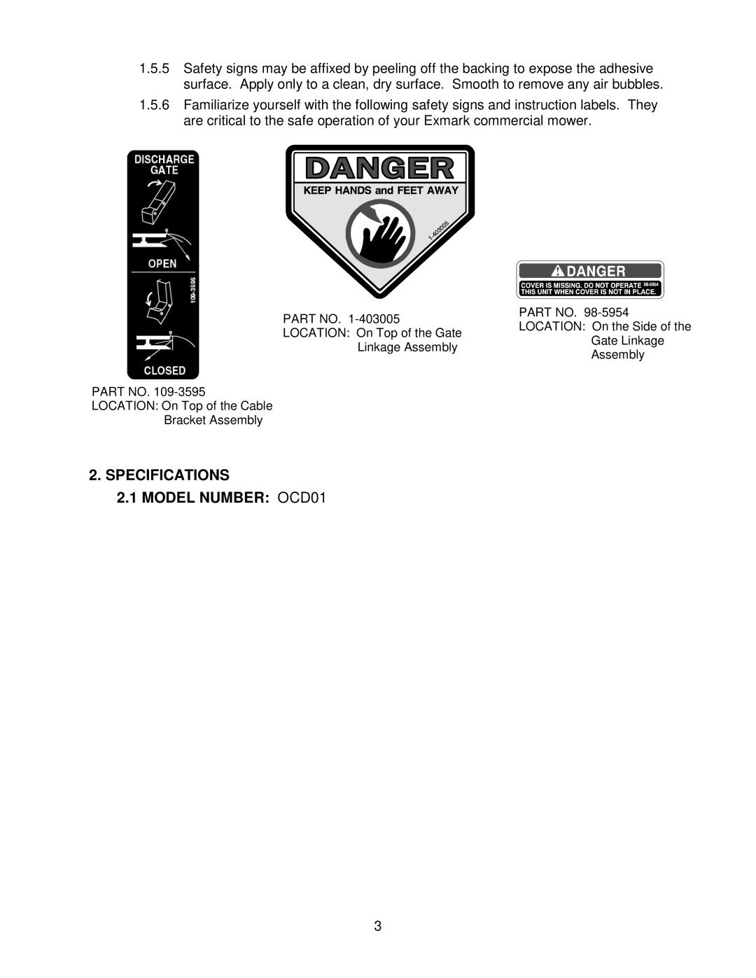 Exmark manual Specifications Model Number OCD01 