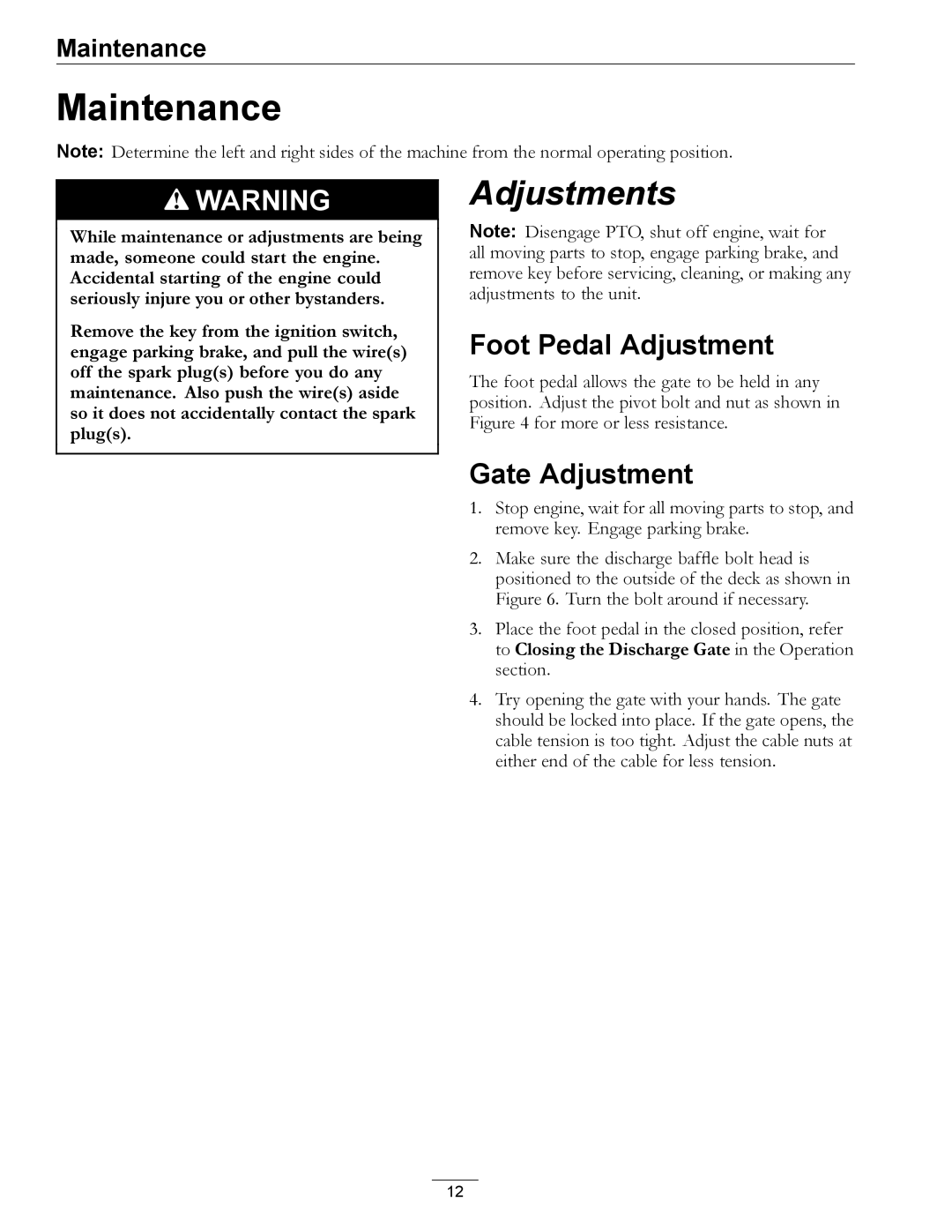 Exmark OCD02 manual Maintenance, Foot Pedal Adjustment, Gate Adjustment 