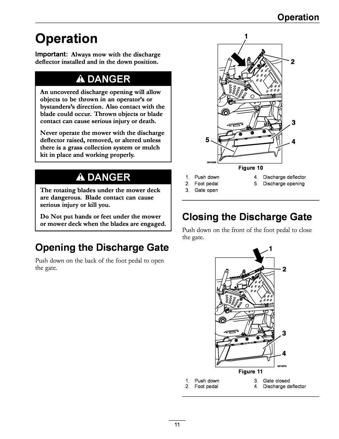 Exmark OCD02 manual Operation, Opening the Discharge Gate, Closing the Discharge Gate, Danger 